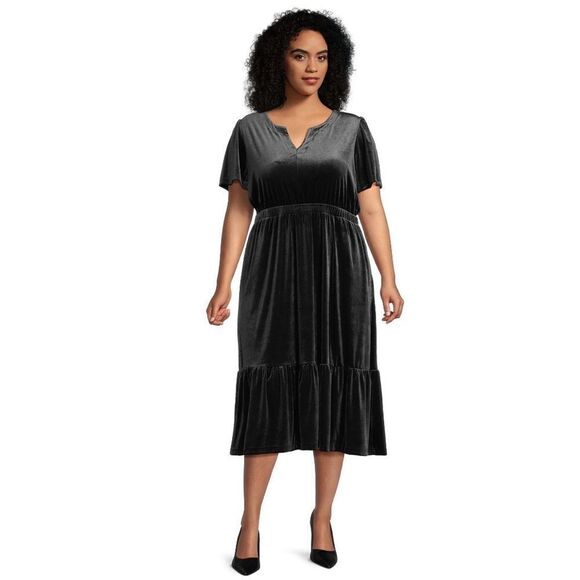 Terra & Sky Charcoal Grey Black Tiered Ruffled V-Neck Velvet Midi Dress 2X - Picture 1 of 12